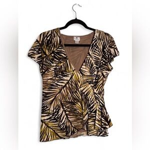 Worthington Palm Leaf V-Neck Blouse - Black, Cream, Tan